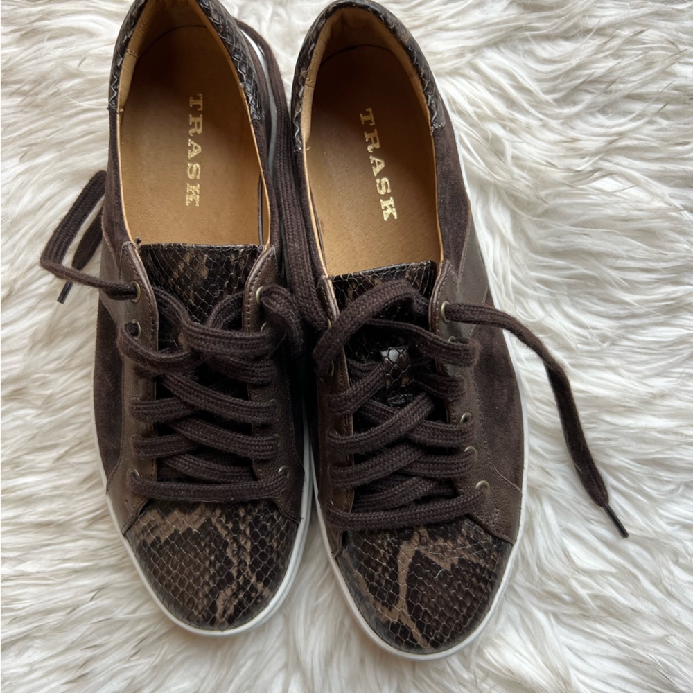 Chocolate snakeskin patterned Trask sneakers